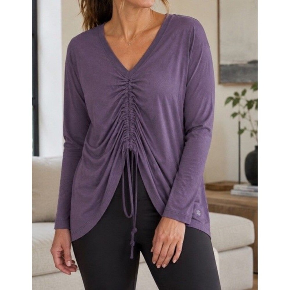 Athleta Top Women Purple Ruched Gathered V-Neck Long Sleeve Modal Oversized XS